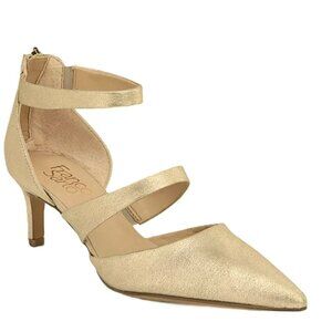 Franco Sarto Size 8.5M Soft Gold Suede Leather Heels Back Zip Ankle Strap